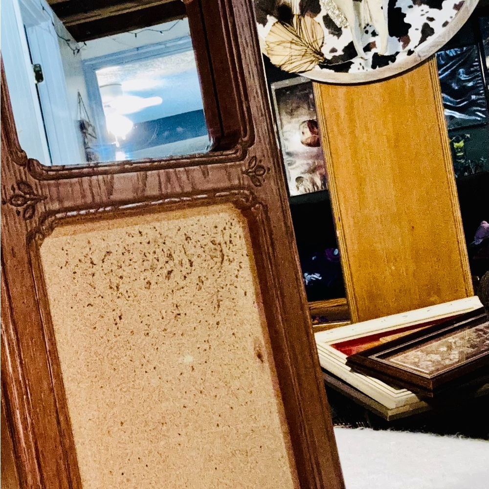 Vintage 70s Wooden Mirror and bulletin board